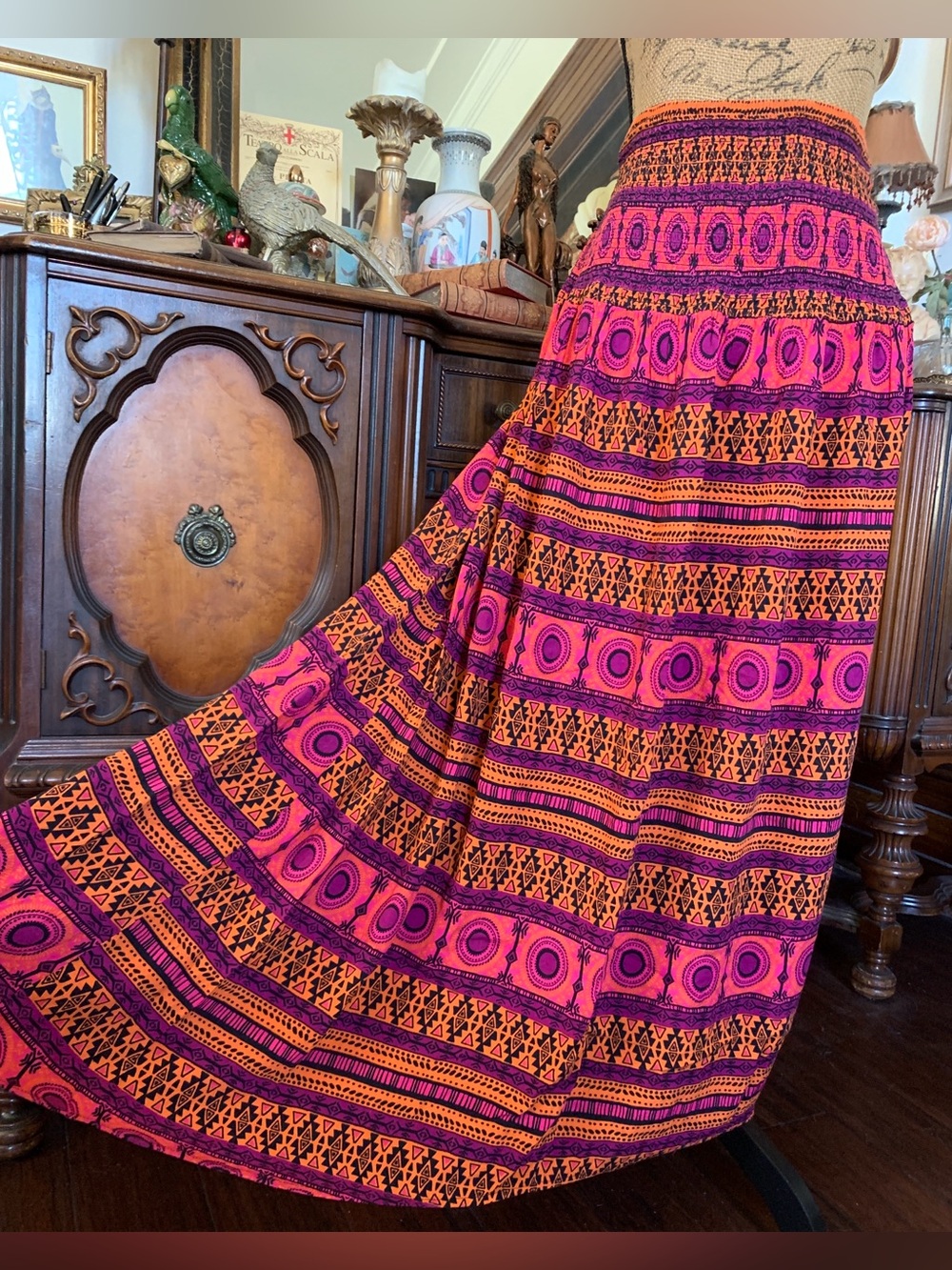 Vintage Tropical Pink and Orange Geometric Boho Hippie Gypsie Maxi Skirt